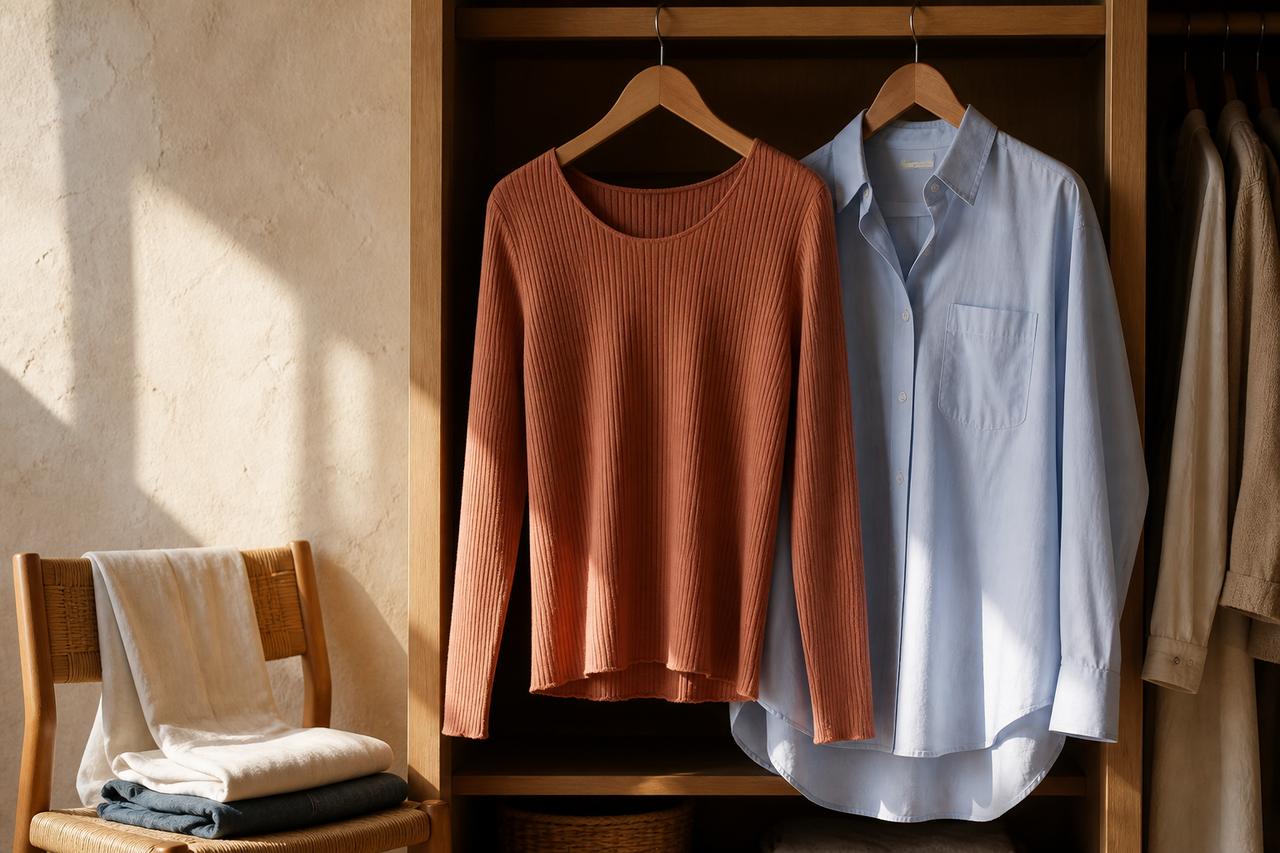 Top de canalé y blusa de popelín colgados juntos para comparar su caída.