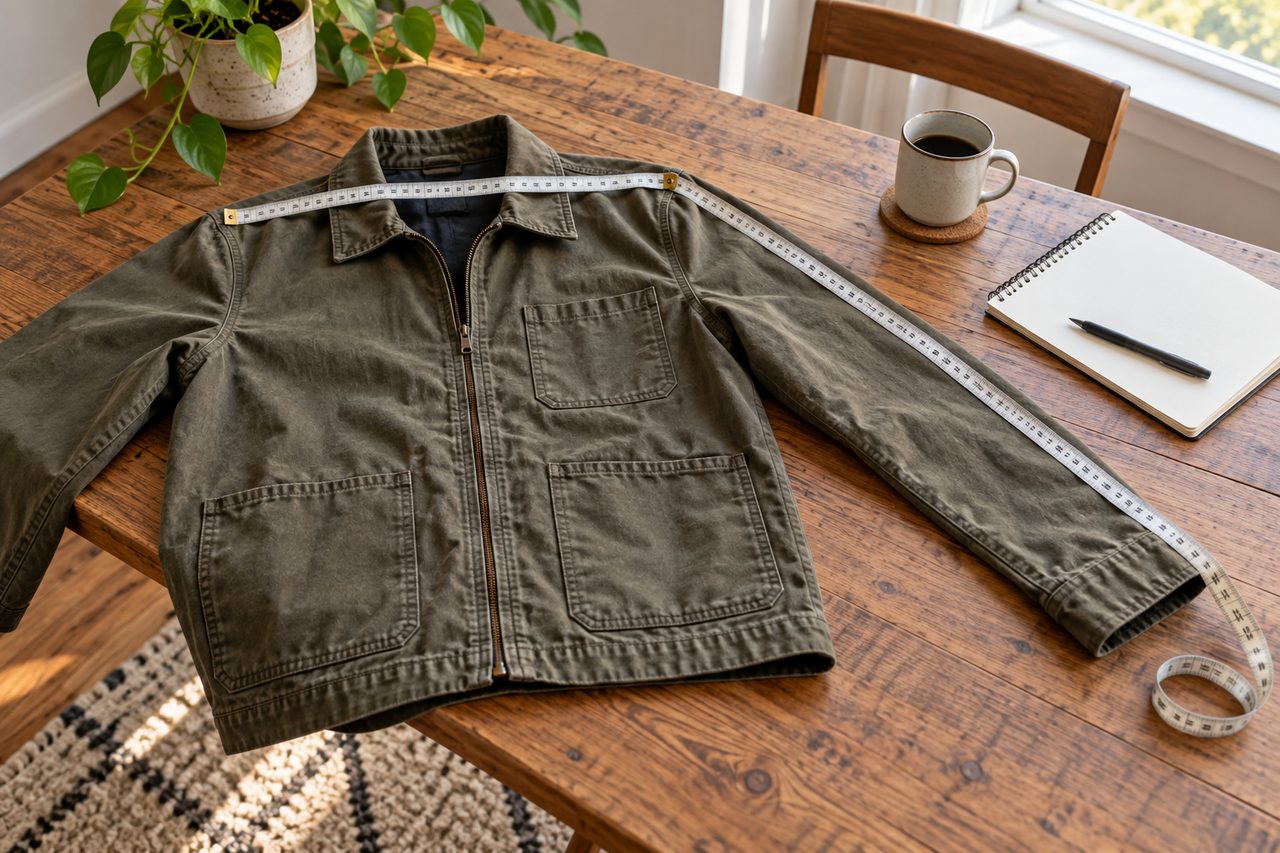 Chaqueta extendida sobre una mesa junto a una cinta métrica y objetos de bolsillo.