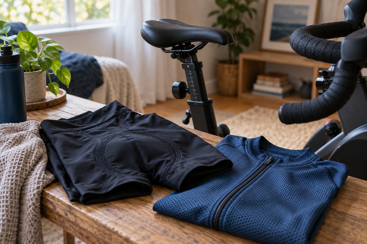 Ropa de ciclismo y partes ajustables de una bicicleta indoor en una habitación.