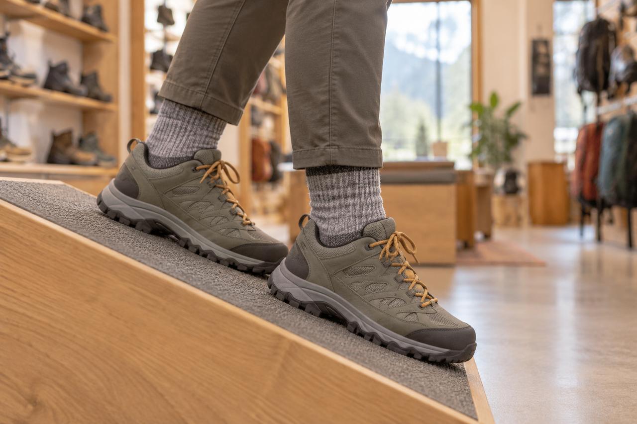 Zapatillas de senderismo y calcetines probados sobre una rampa inclinada.